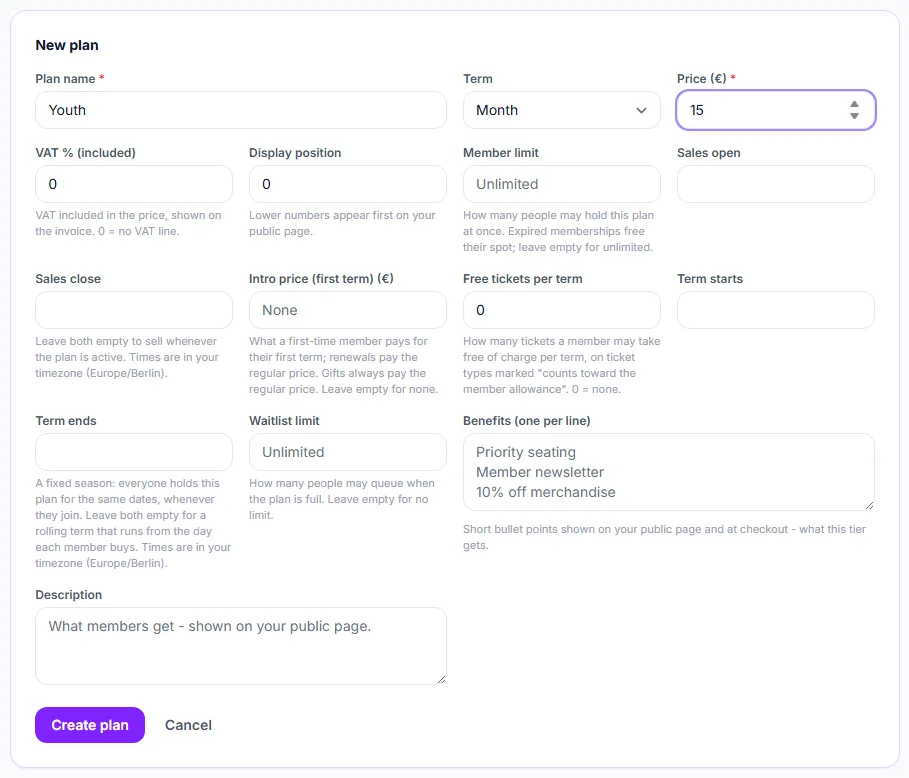 The New plan form with its main fields
