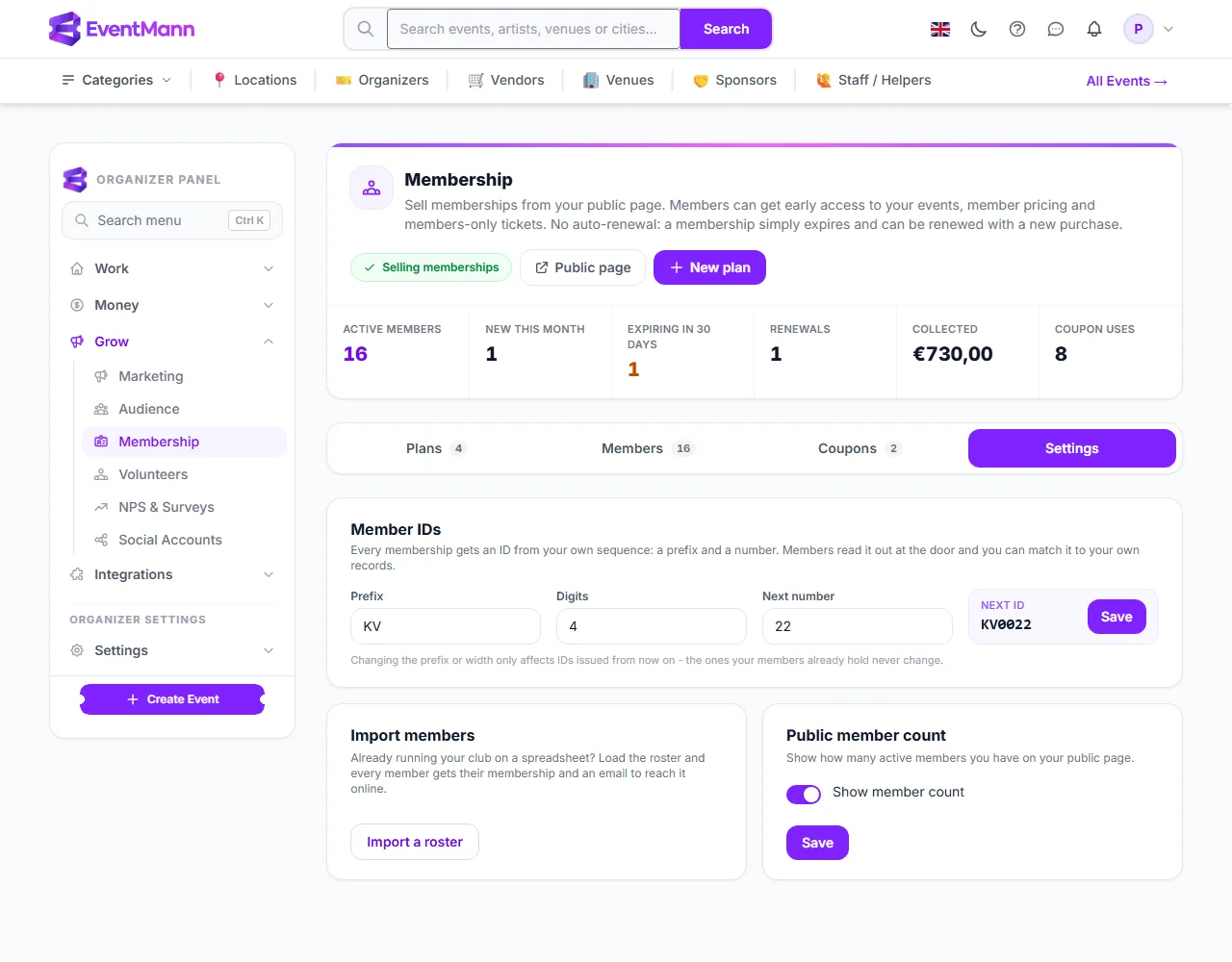 The Settings tab: member ID sequence, import and public member count