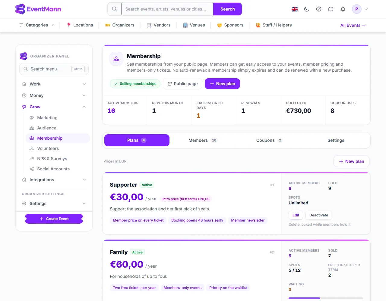 Grow → Membership: status, figures, tabs and plan cards