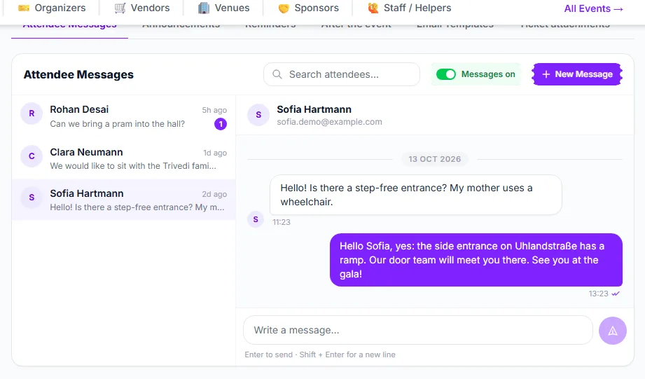 The Attendee Messages inbox: conversation list on the left, the open conversation on the right