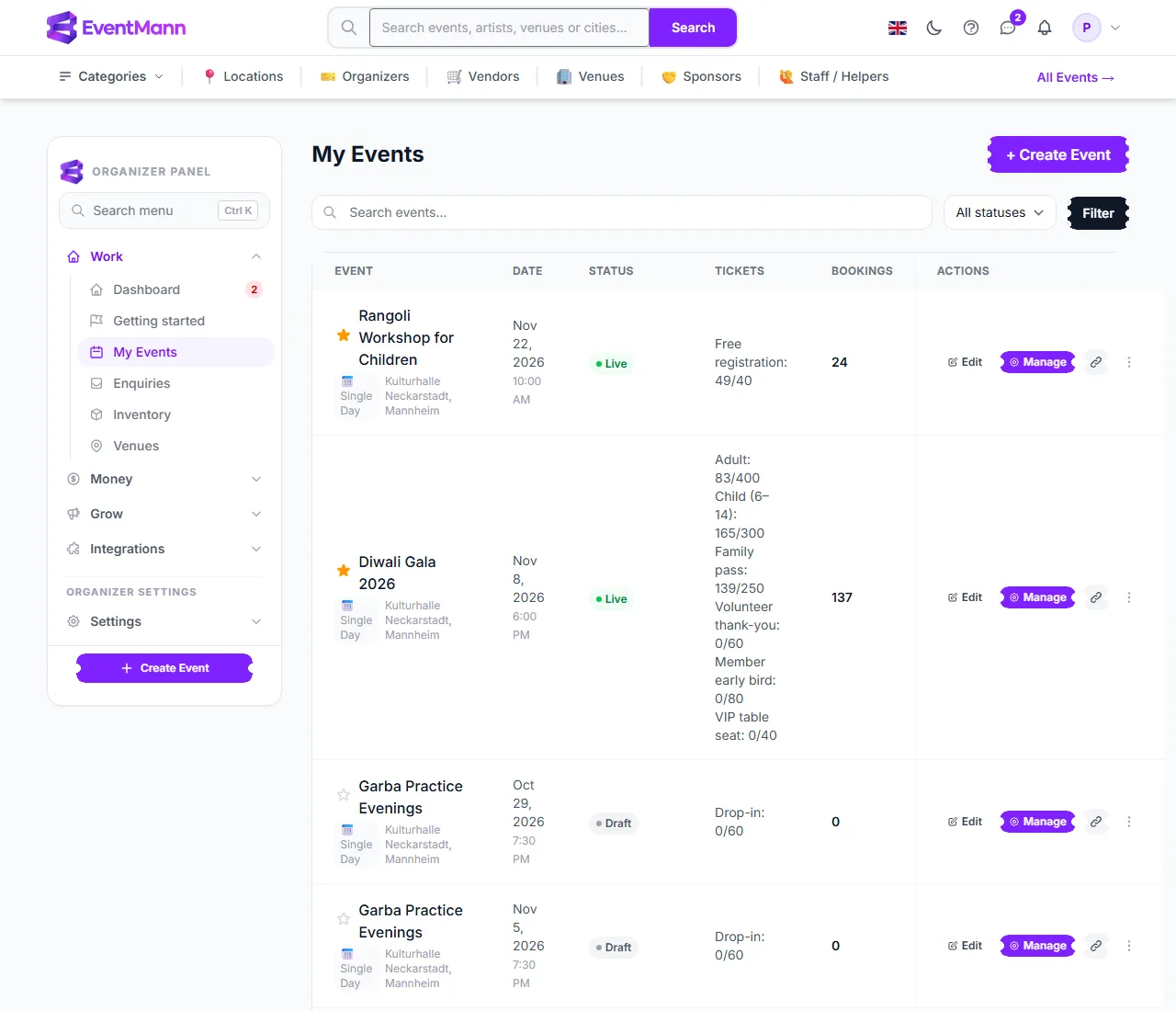 My Events with search, a status filter, pinned events and row actions