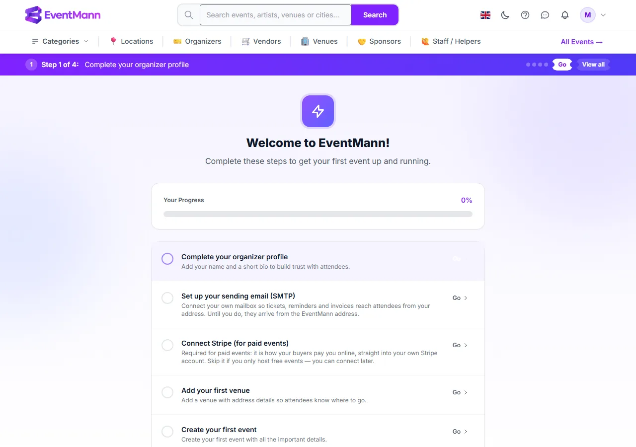 The Getting Started checklist of a brand-new organizer account