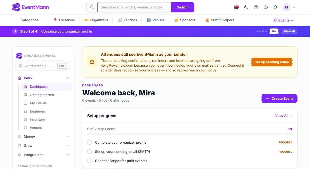 The purple bar and the Setup progress card on a new organizer’s dashboard