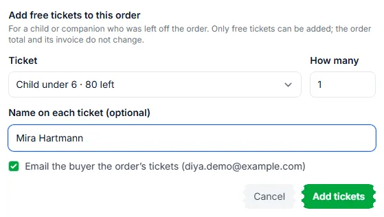 The Add free tickets form with the Child under 6 ticket chosen and a name typed