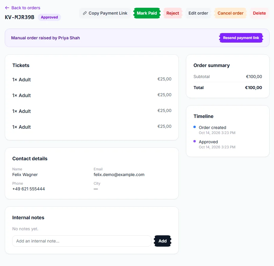 A manual order waiting for payment, with Copy Payment Link, Mark Paid and Resend payment link