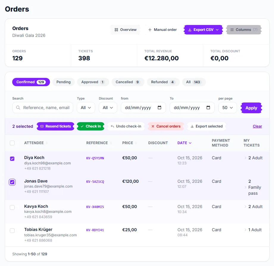 Two orders ticked, with the bulk action bar showing Resend tickets, Check in, Undo check-in, Cancel orders and Export selected