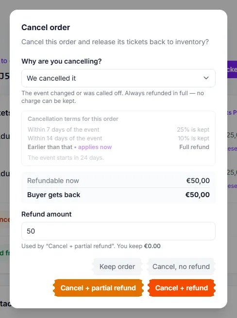 The Cancel order dialog: reason, the cancellation terms the order was sold under, and what the buyer gets back