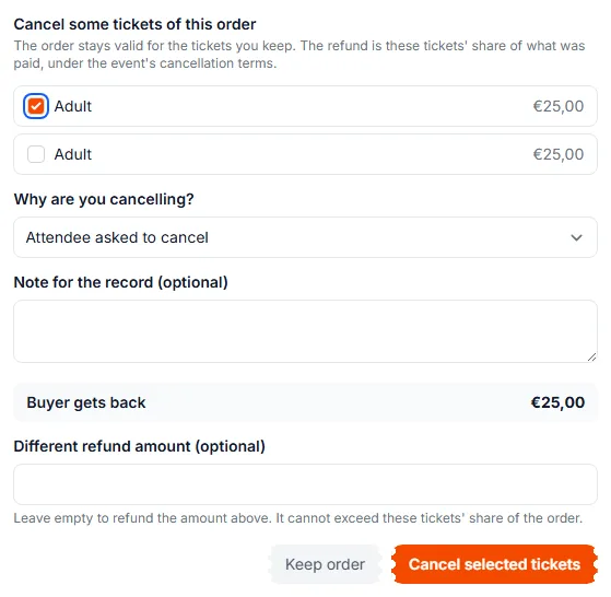 The Cancel some tickets form with one Adult ticket ticked and the refund calculated
