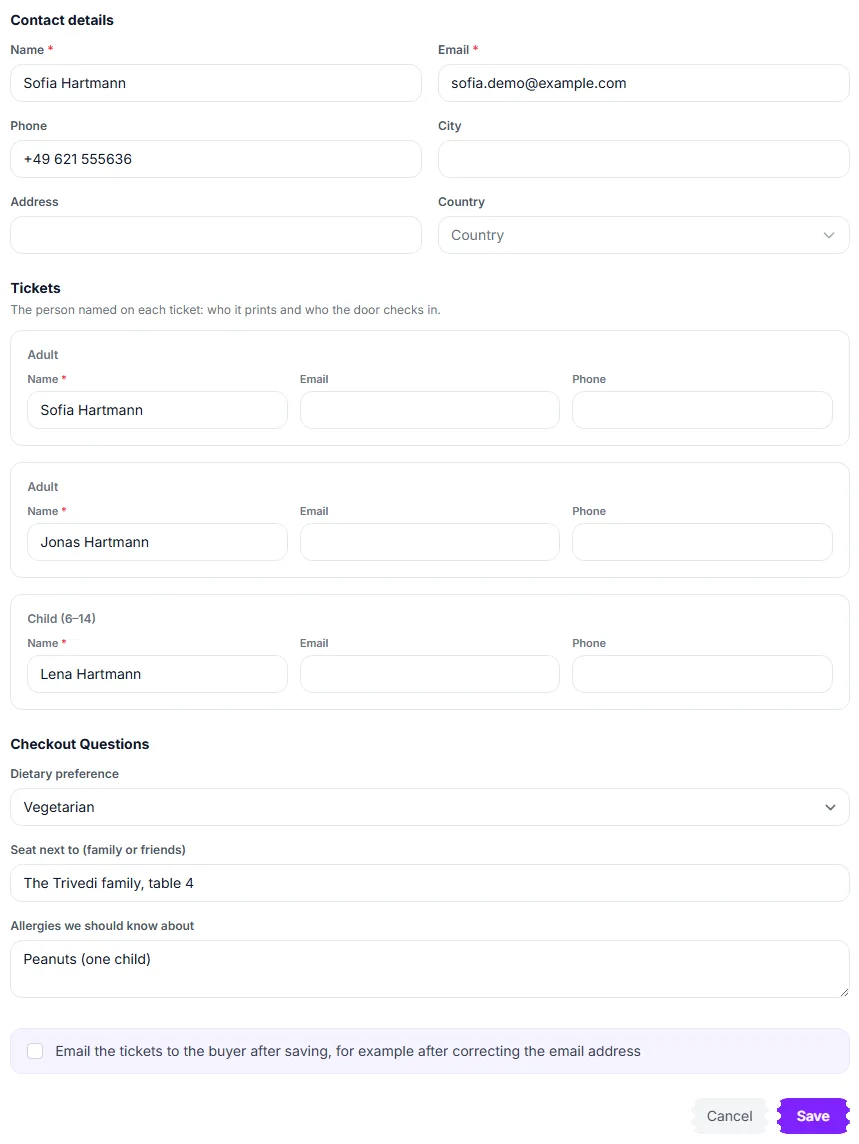 The Edit order form open, with contact fields, one field per ticket holder and the option to email the tickets