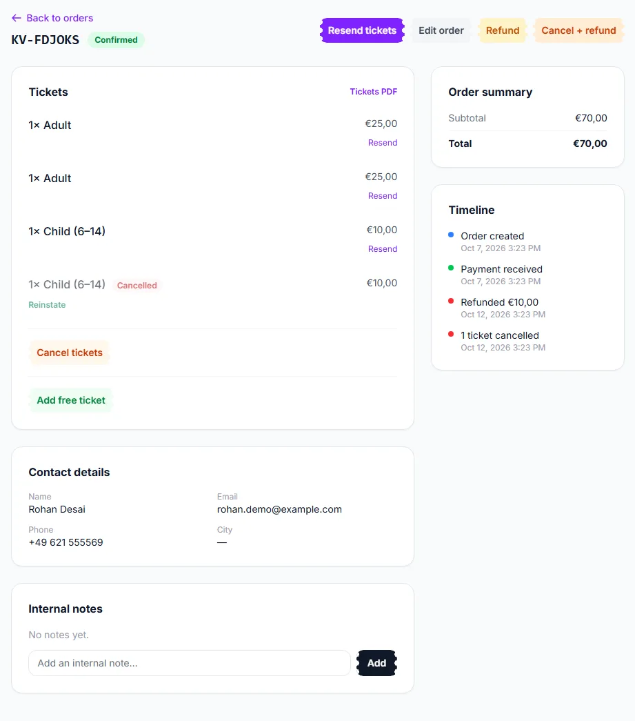 An order with one ticket cancelled and part of the money refunded, as the timeline records it