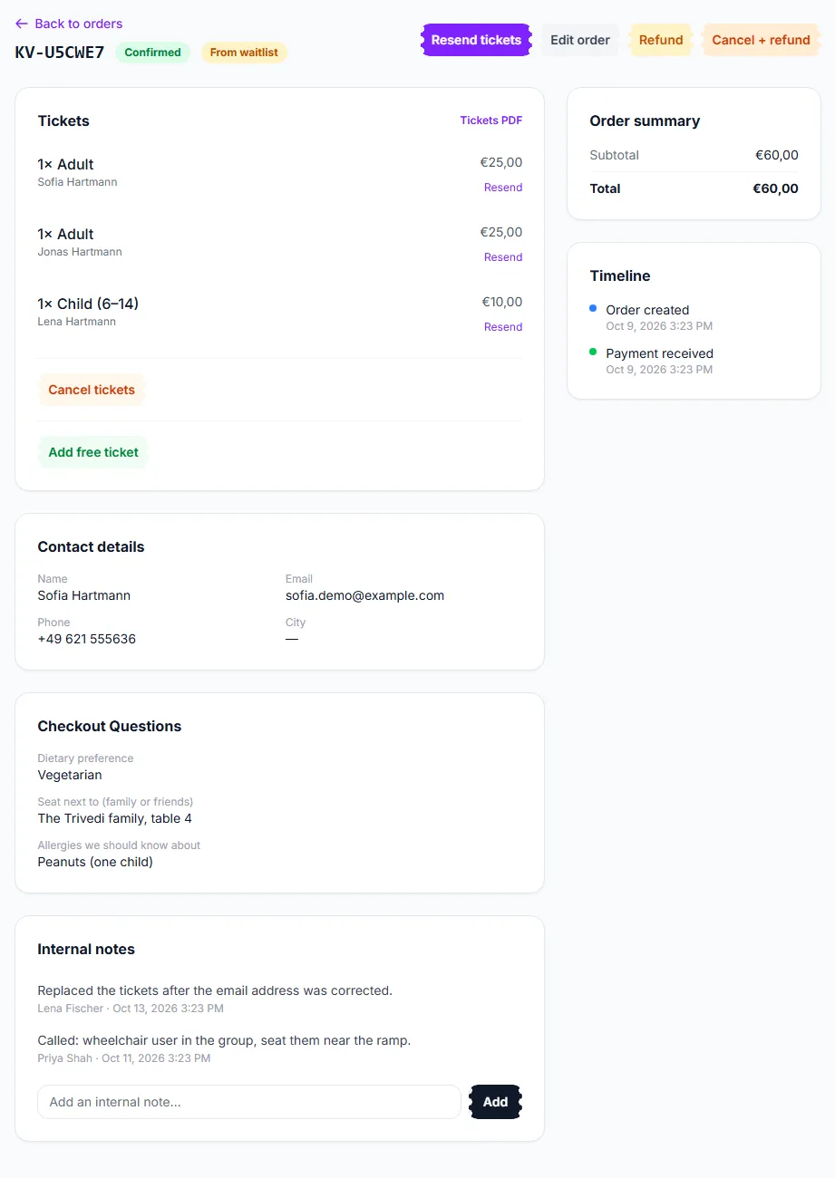 A confirmed order with named tickets, contact details, checkout answers, internal notes and the timeline