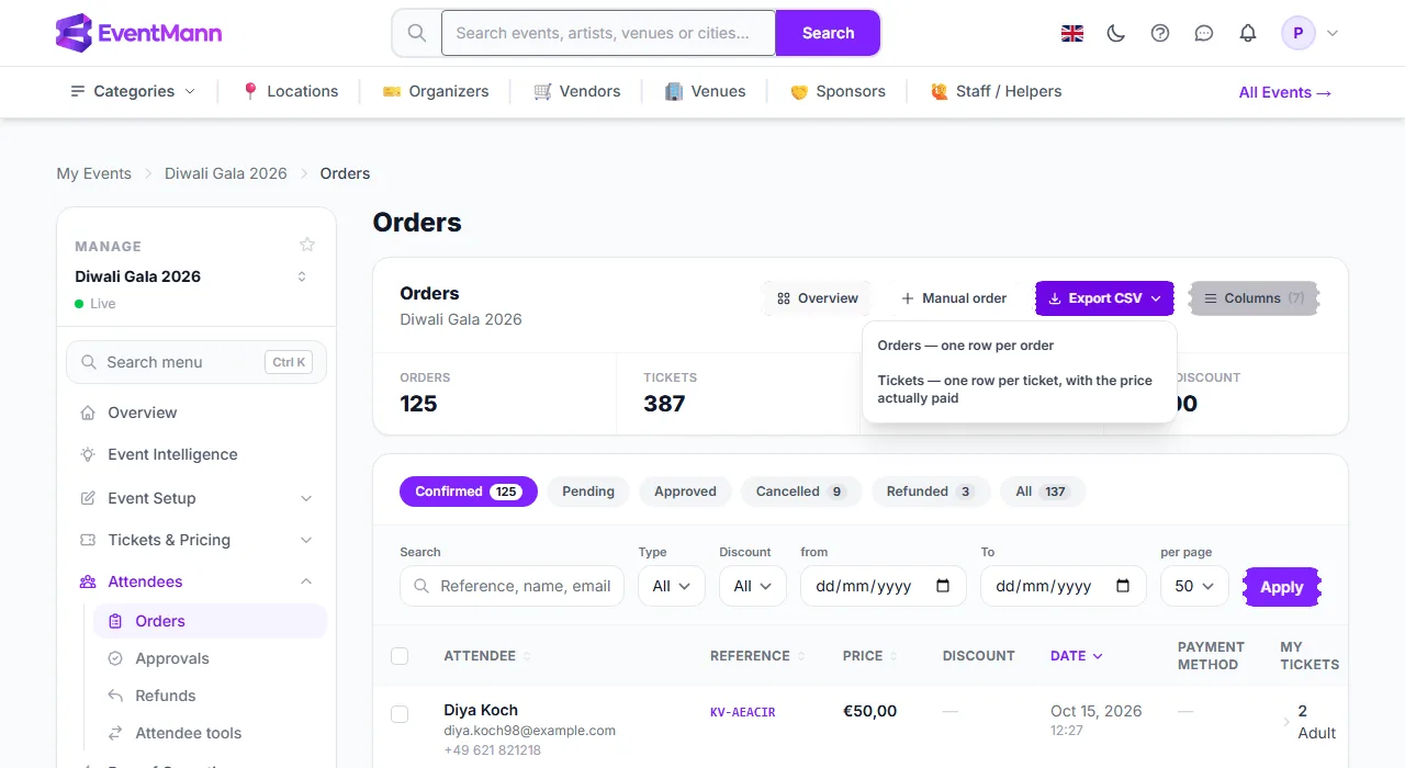 The Export CSV menu on the Orders page