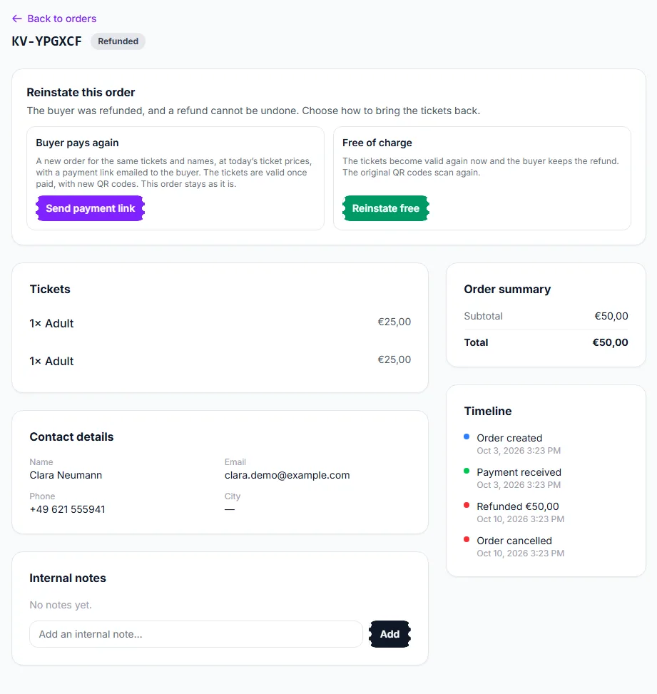 A refunded order with the Reinstate this order panel offering Buyer pays again and Free of charge