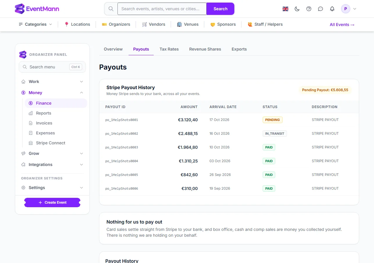 The Payouts page with Stripe’s payout history