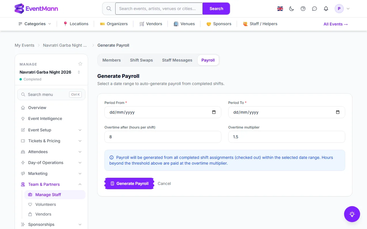 The Generate Payroll form