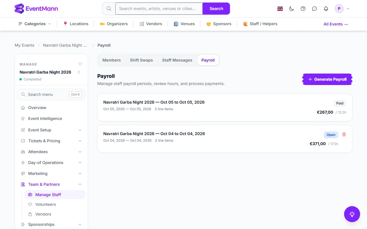 The Payroll tab with an open and a paid period