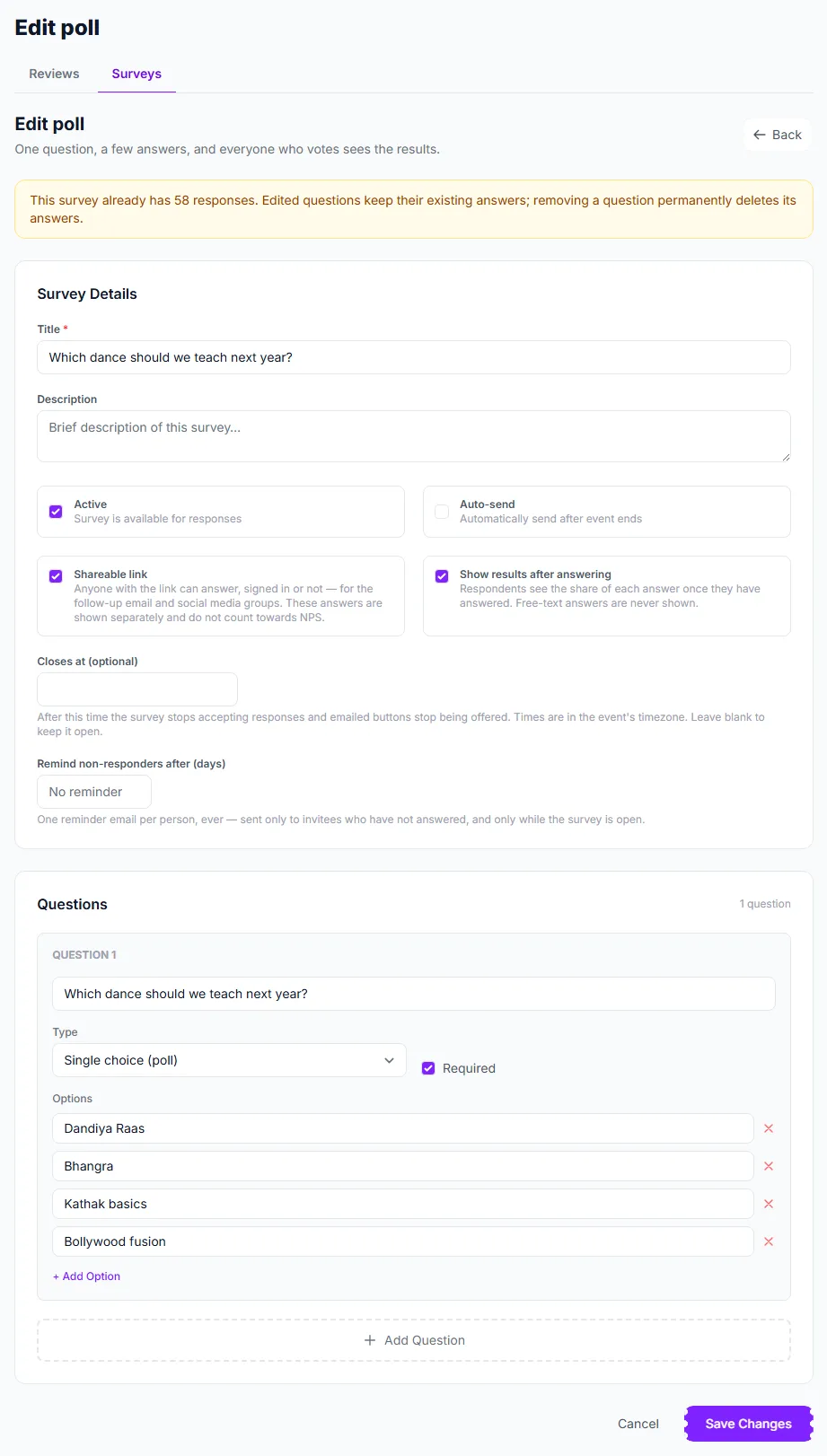 A poll with a shareable link switched on, results shown after answering and four options