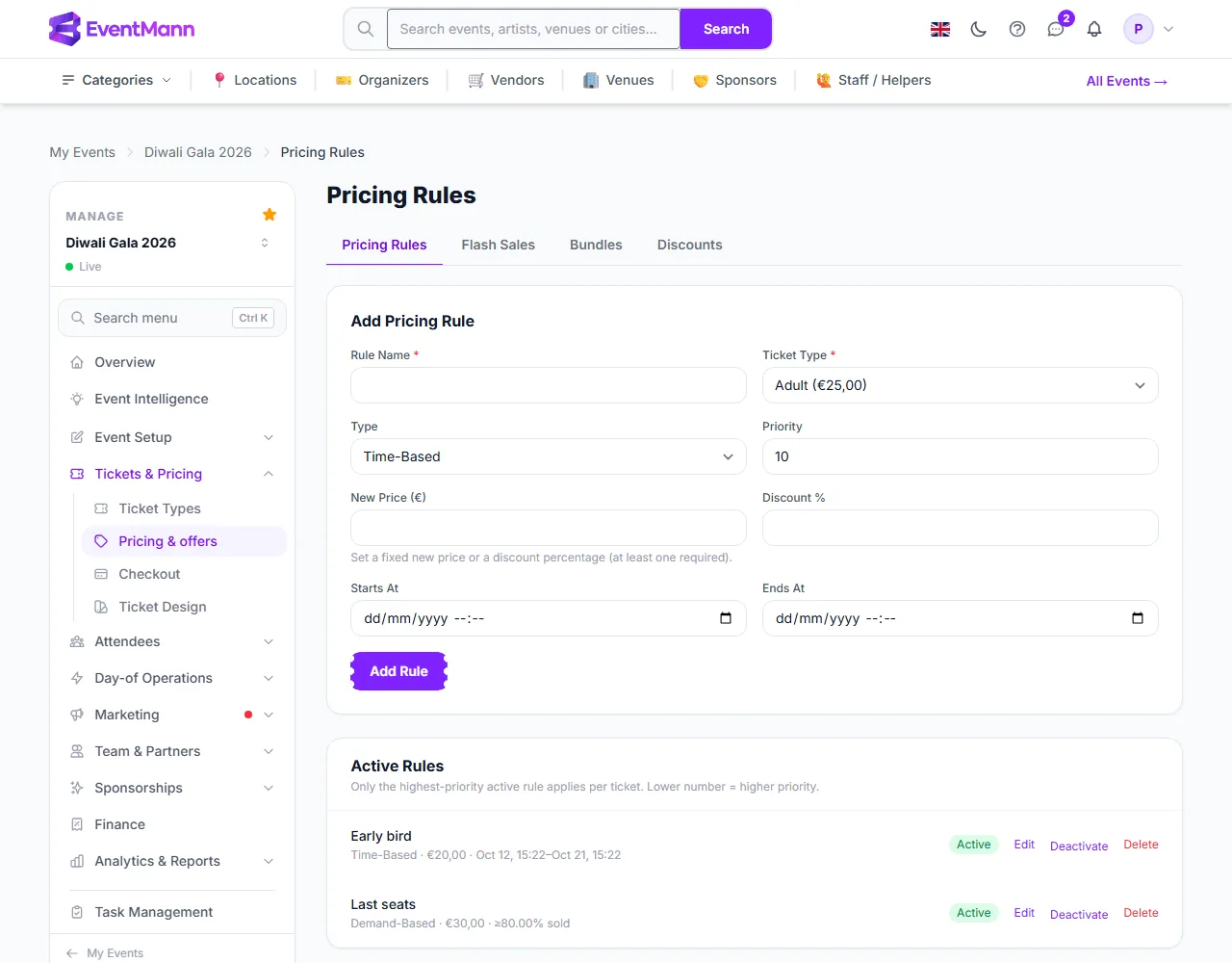 The Pricing Rules page with an early-bird rule and a demand rule
