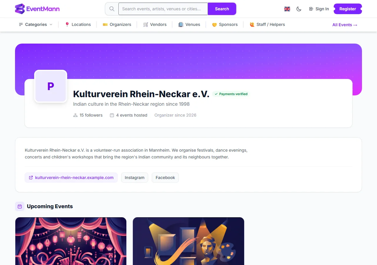 Your public page as a visitor sees it: name, tagline, followers, bio and links