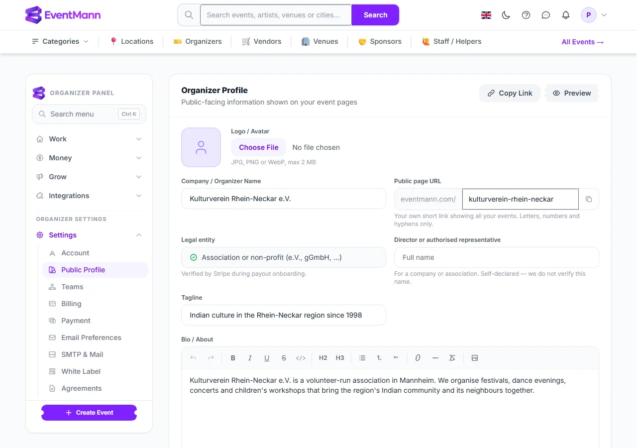 Settings, Public Profile: the fields that feed your page
