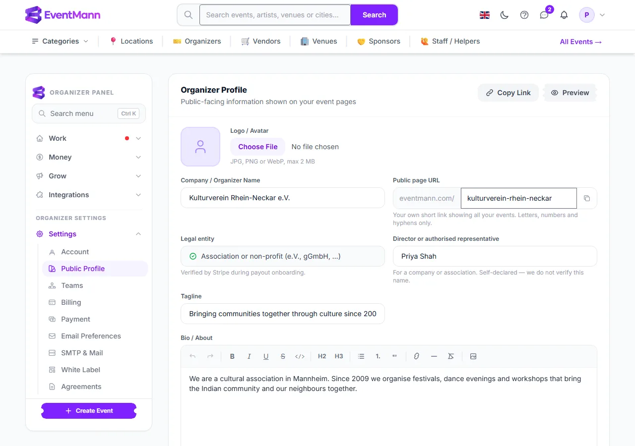 The Public Profile form