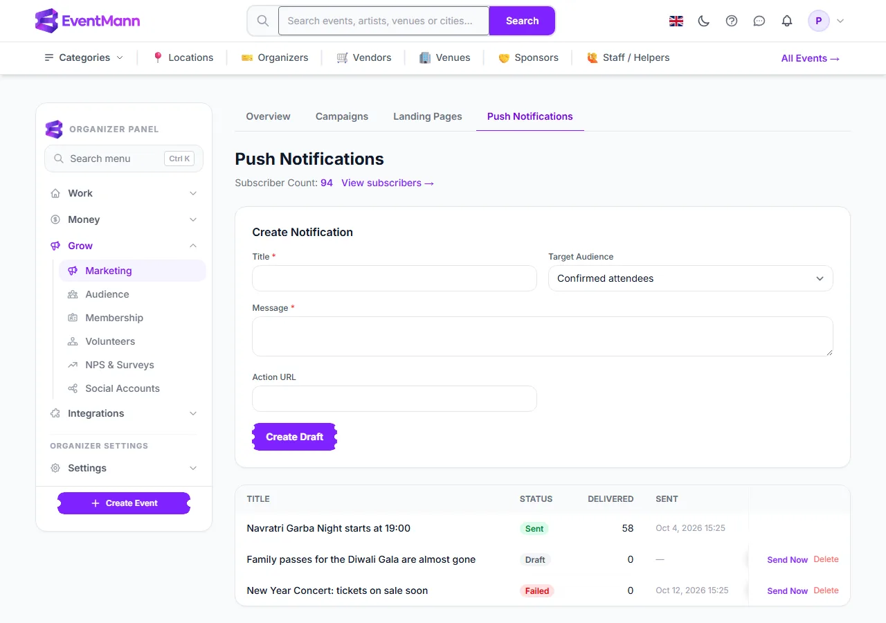 The Push Notifications page: subscriber count, the create form and the history