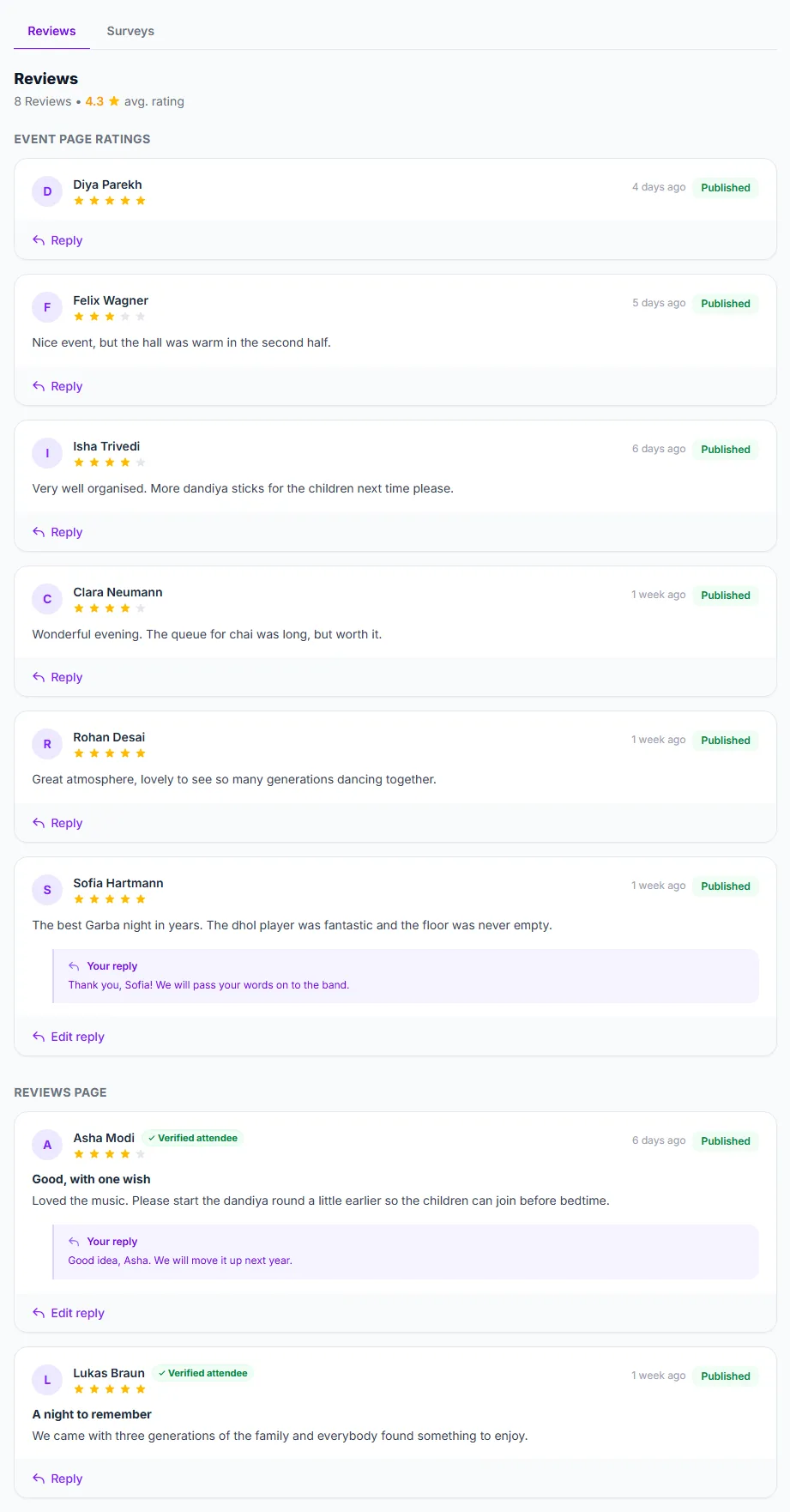 The Reviews tab for the Navratri Garba Night: event page ratings and the reviews page, one with a reply