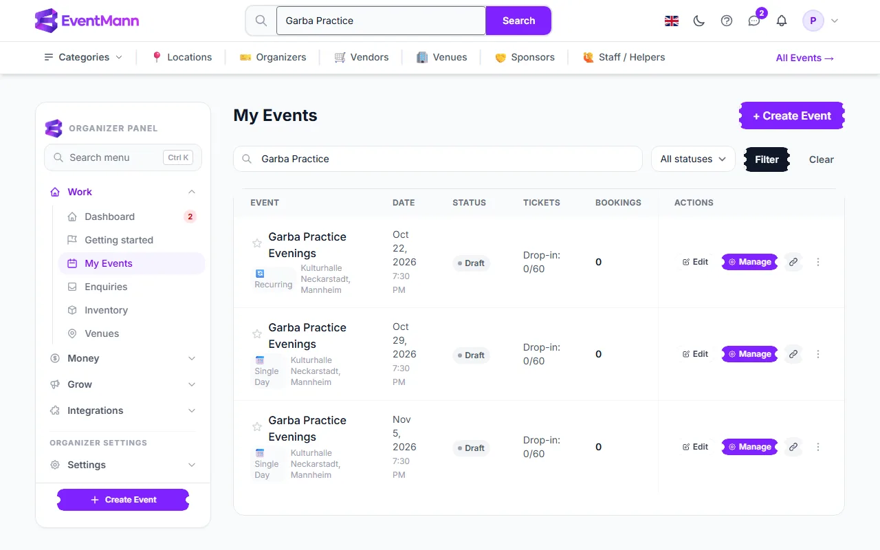 A series in My Events: the first date and the dates generated from it