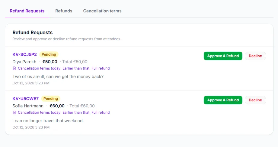 Two pending refund requests, each showing the buyer, the amount, the terms that apply and the Approve & Refund and Decline buttons