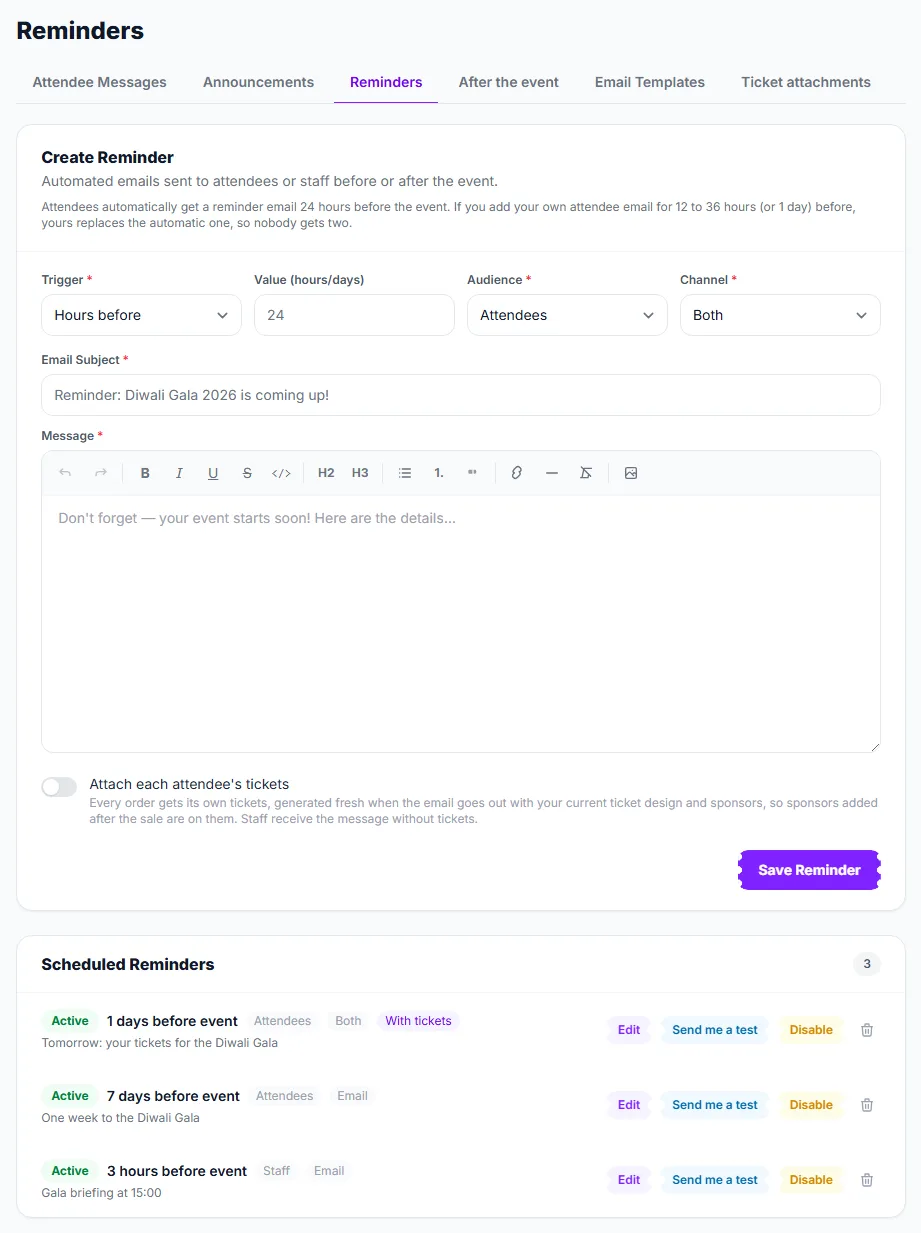 The Reminders tab: the Create Reminder form above three scheduled reminders
