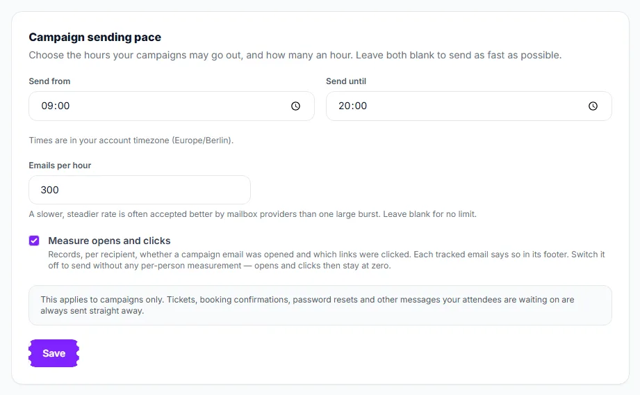 The Campaign sending pace card: hours, emails per hour and measuring opens