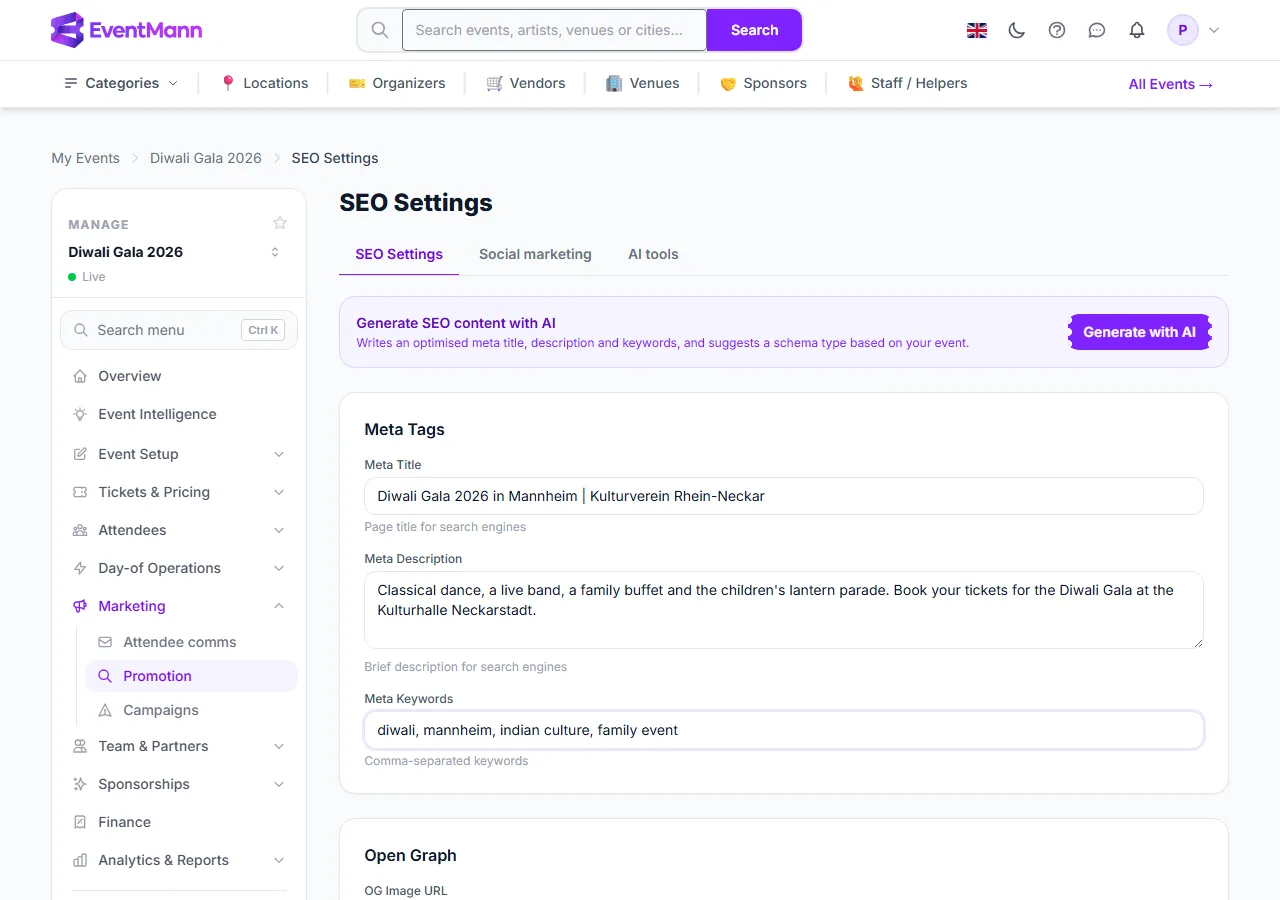 SEO Settings with a title, description and keywords filled in