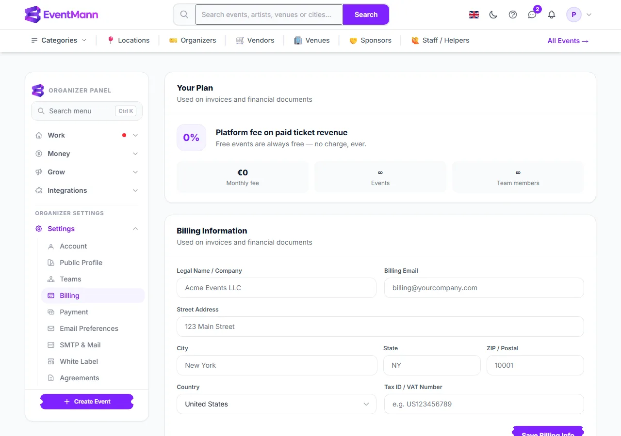 The Billing screen with plan terms, billing details and invoice history