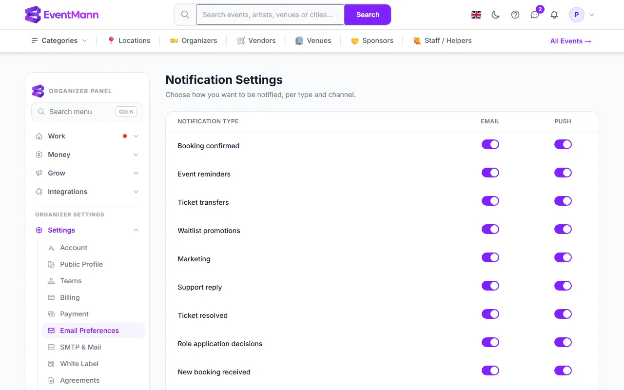 Email Preferences: one row per notification type, with Email and Push switches