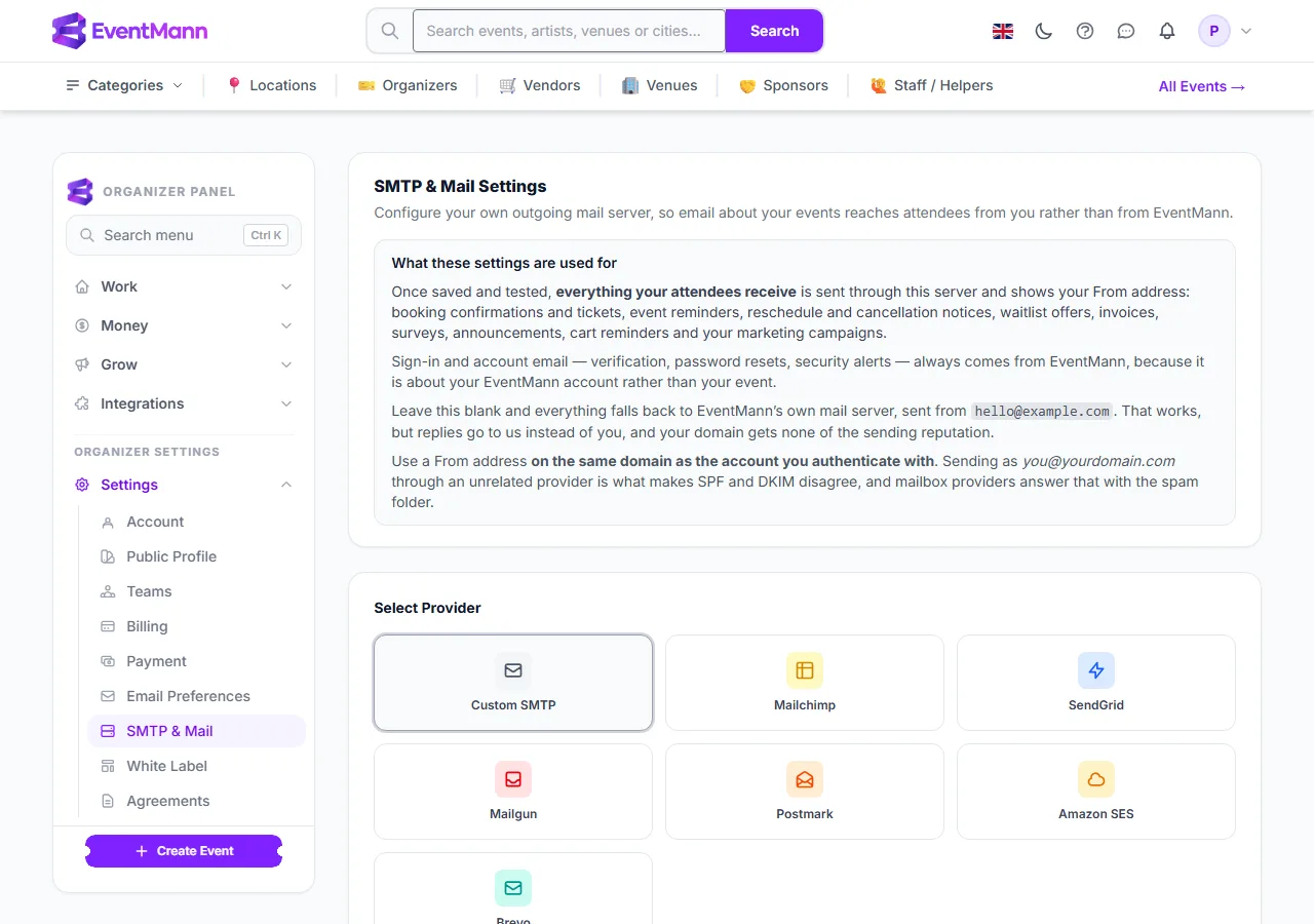 SMTP & Mail Settings: what is sent through it, and the provider choice
