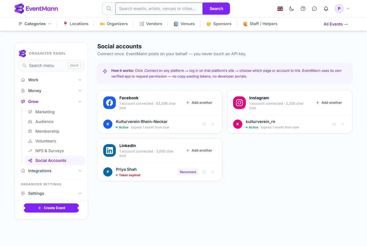 Social Accounts: one card per platform with its connected accounts