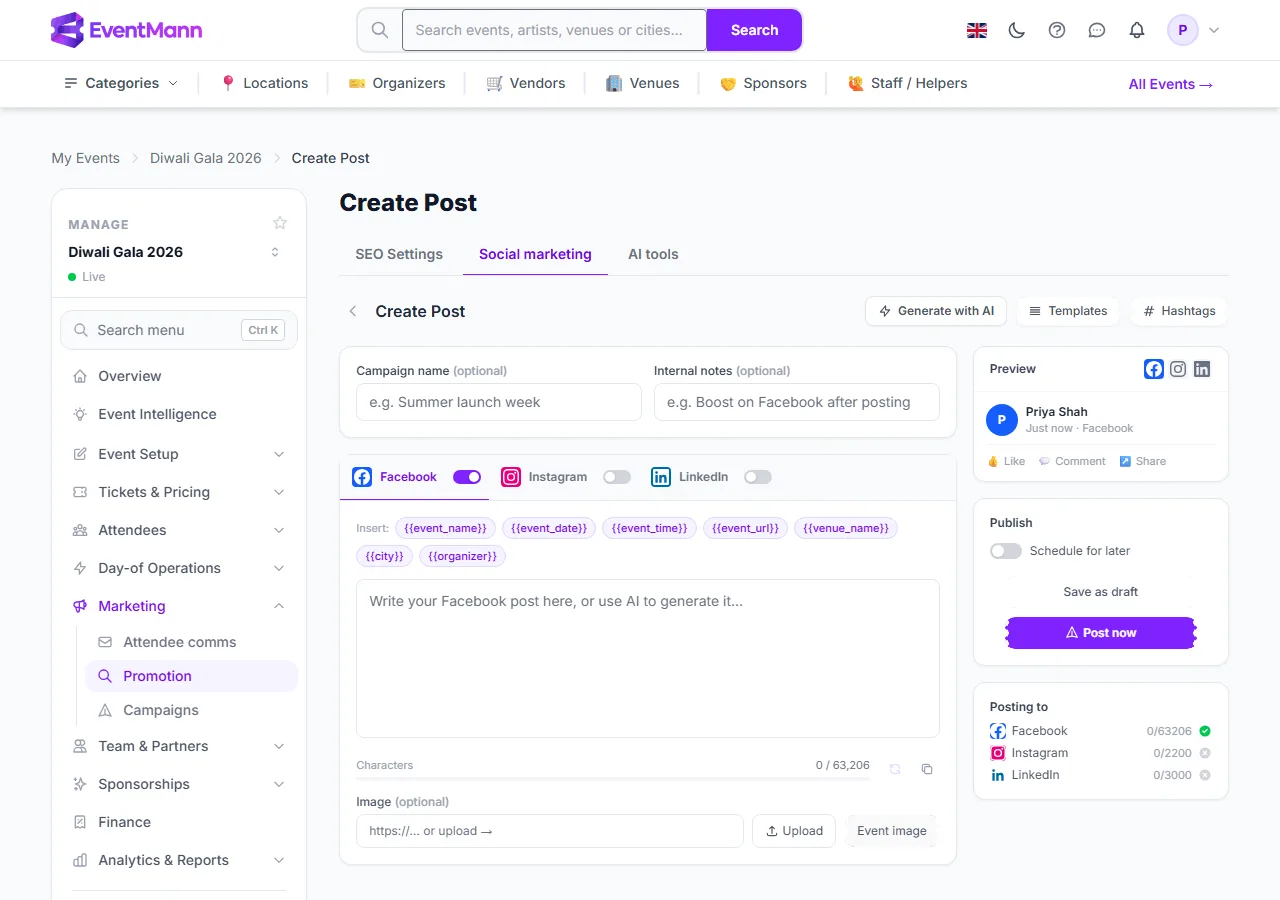 The post composer with per-platform tabs, preview and publish options