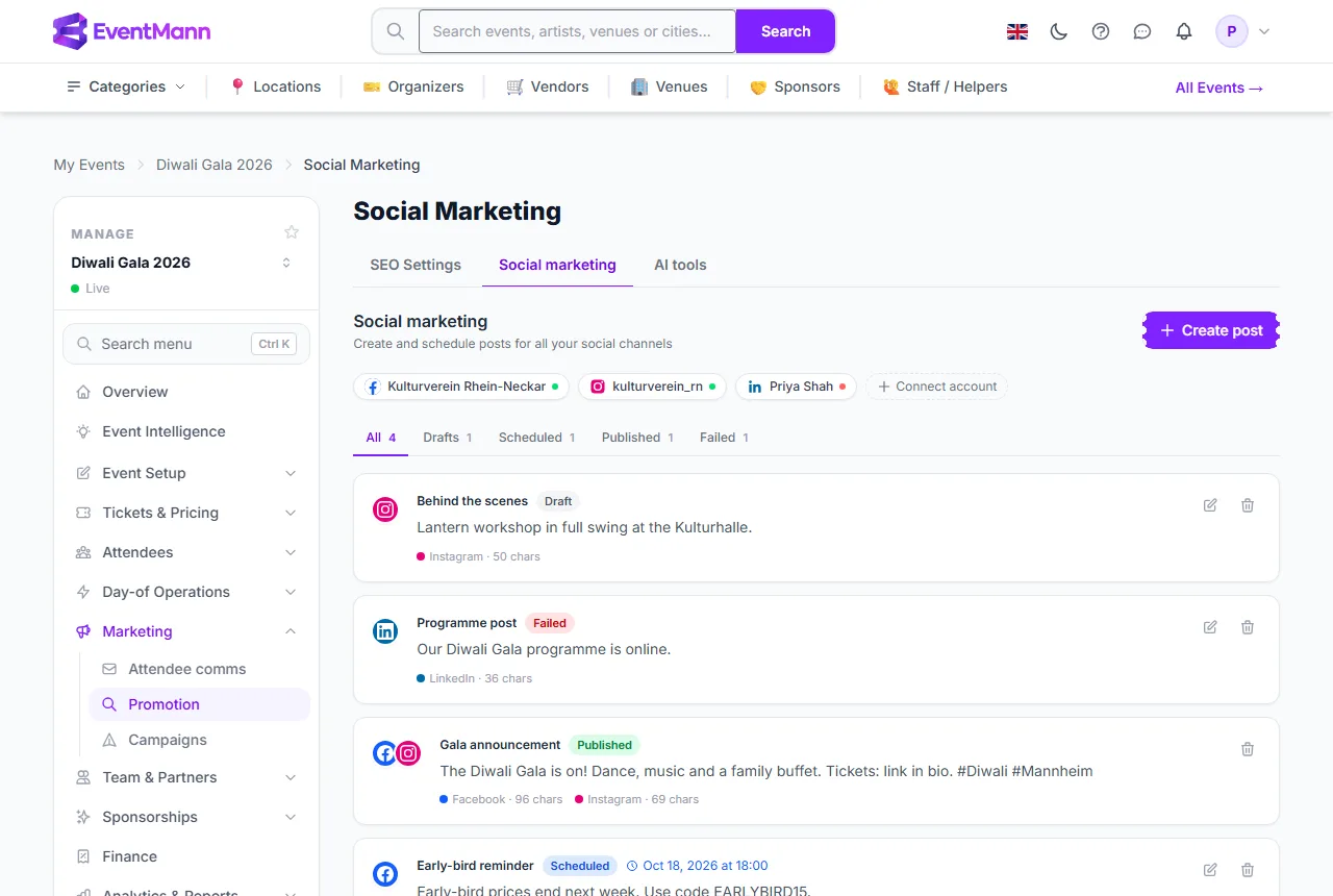 An event’s Social marketing page with posts in different states
