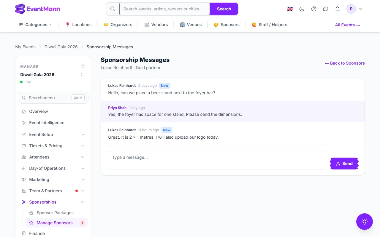 The message thread with a sponsor