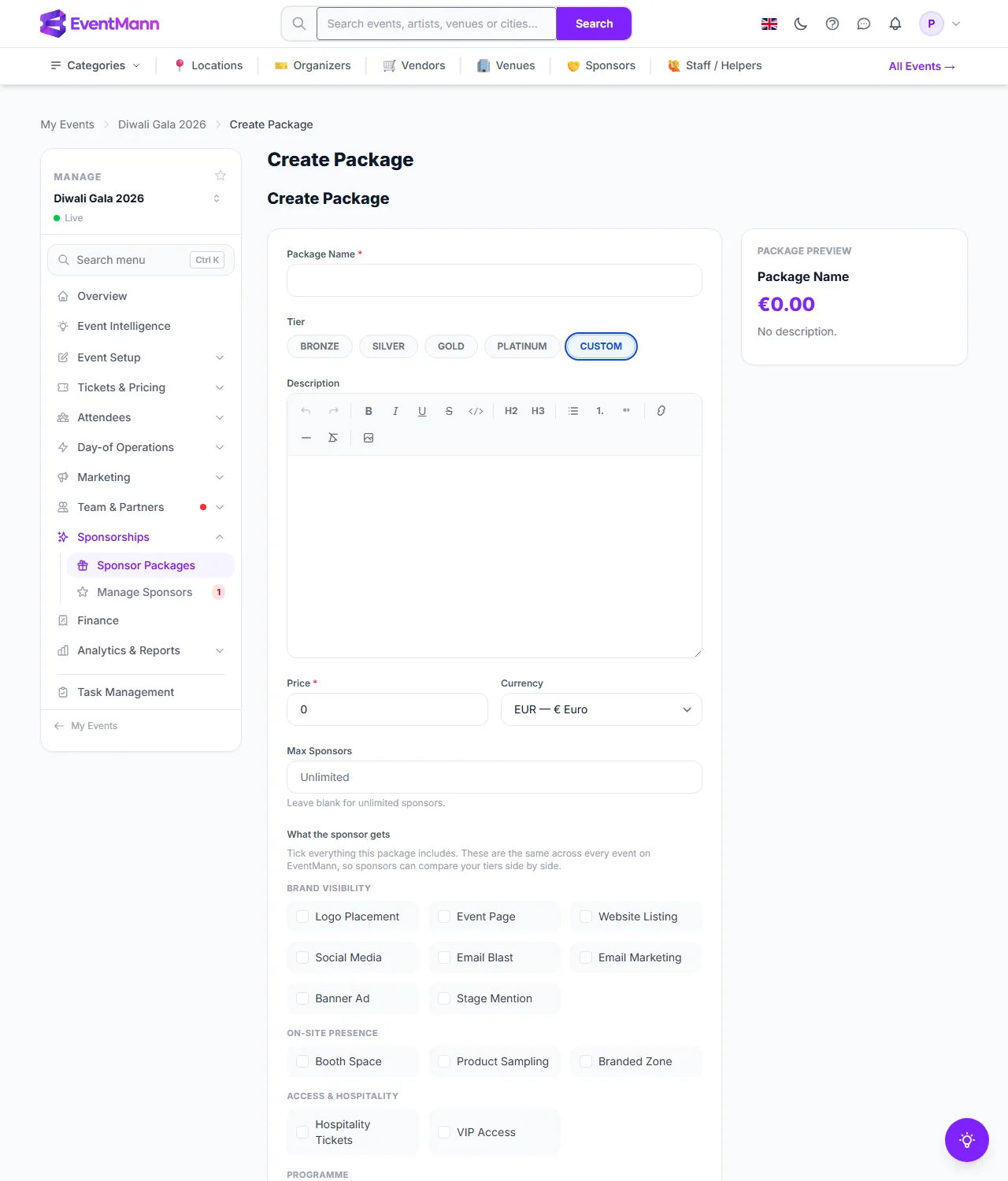 The Create Package form with tier, price, maximum and the benefit list