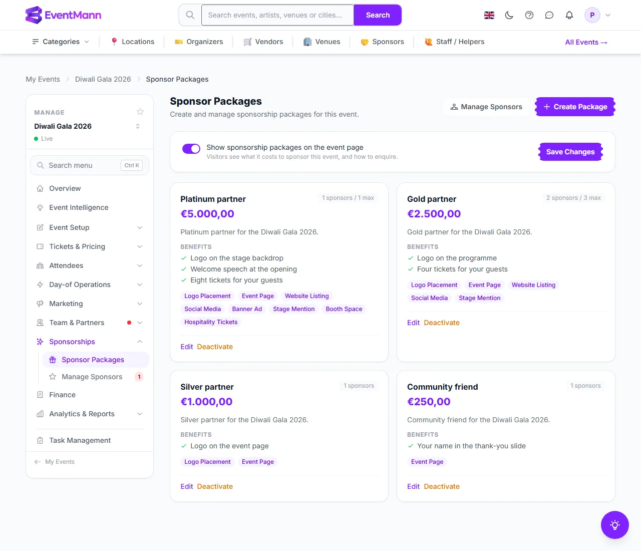 The Sponsor Packages page with four packages, the event page option and the actions on a card