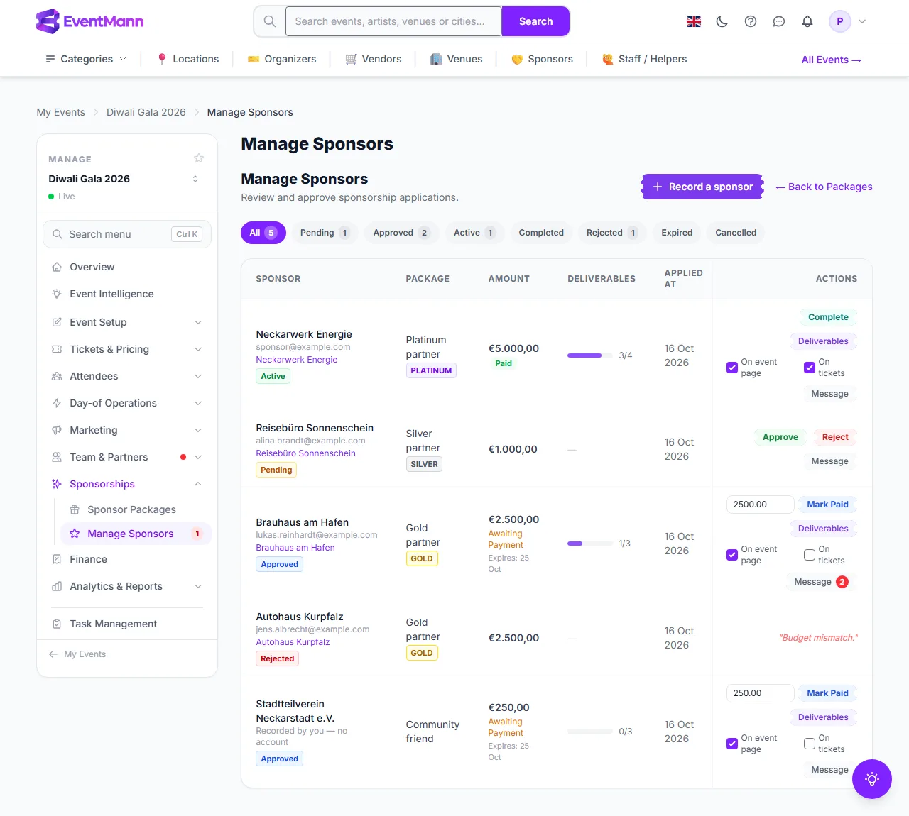 The sponsors list with a pending application, two approved sponsors and an active one