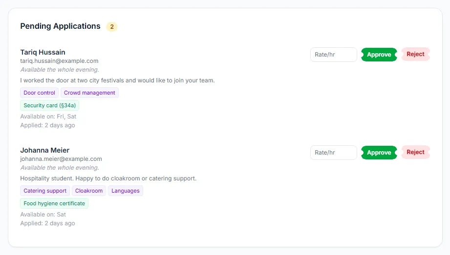 Two applications with profile, skills and the Approve and Reject buttons
