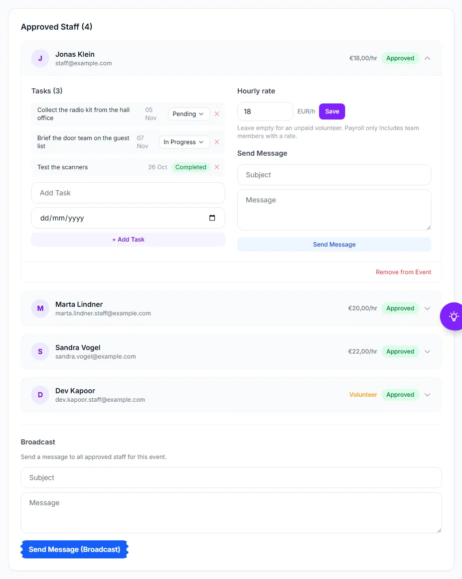 The approved staff list with Jonas Klein opened: tasks, rate and message
