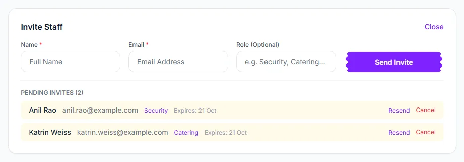 The Invite Staff form with two pending invites