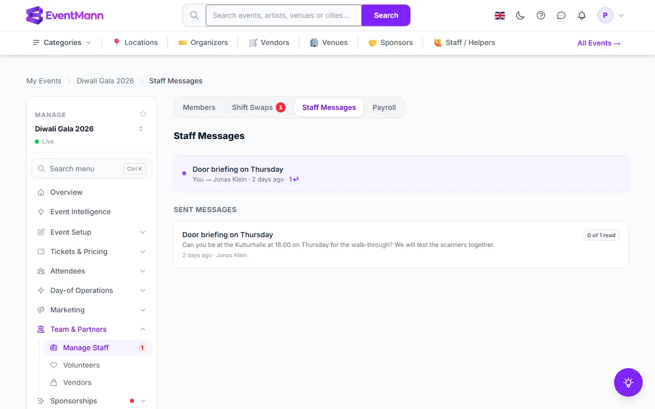 The Staff Messages tab with one conversation and the sent list