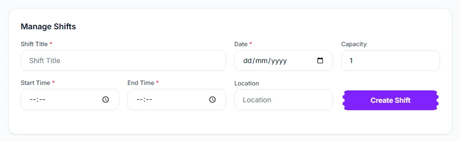 The shift form of the Manage Shifts panel