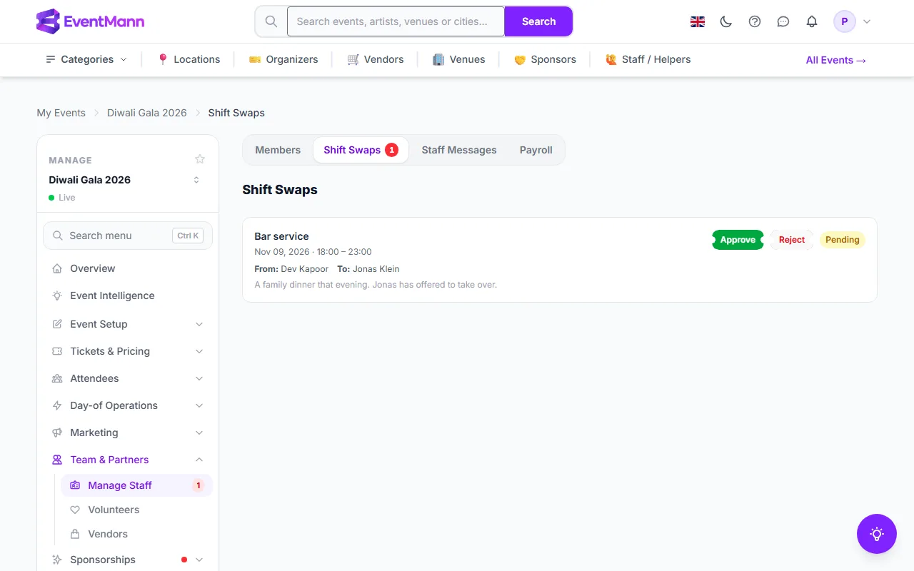 A pending swap request with Approve and Reject