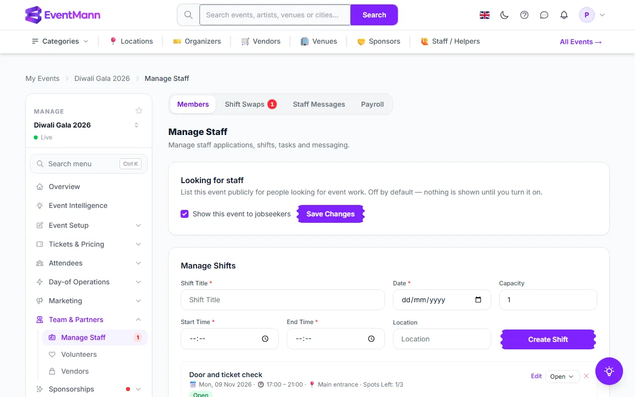 The Manage Staff page with its four tabs, the recruiting option and the shift form