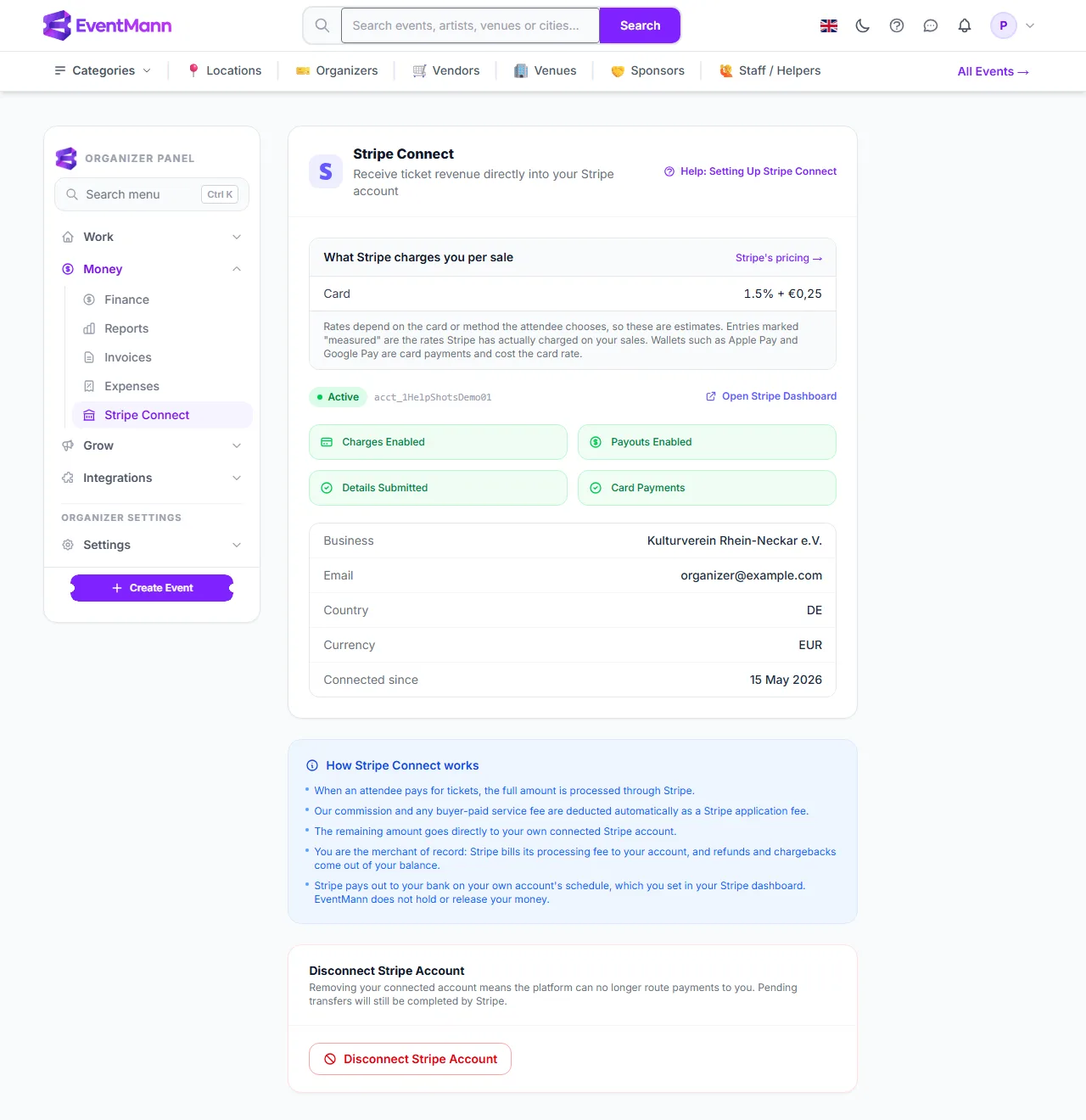 A connected, active account with its capabilities and Stripe’s rates